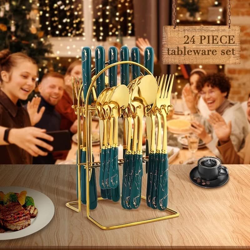 Image of Artek Stainless Steel Spoons, Forks & Knives Set of 24 with Stand and Ceramic Handle Golden Cutlery Set (Green)