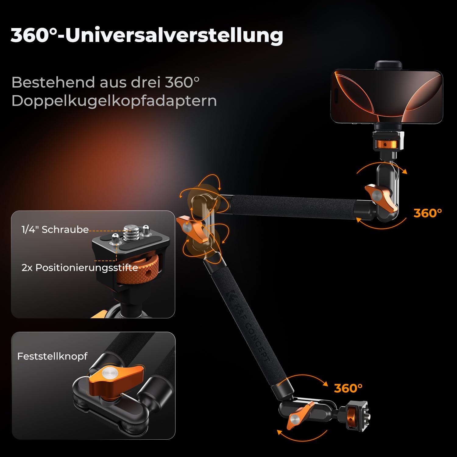 K&F CONCEPT 22" Magic Arm mit Klemme, Spezial für Tischkamera, Monitor arm, Mikrofon arm, Handyhalterung mit Doppel Kugelkopf, Schwenkarm kompatibel mit iPhone Monitor Mikrofon Action Kamera Leuchte