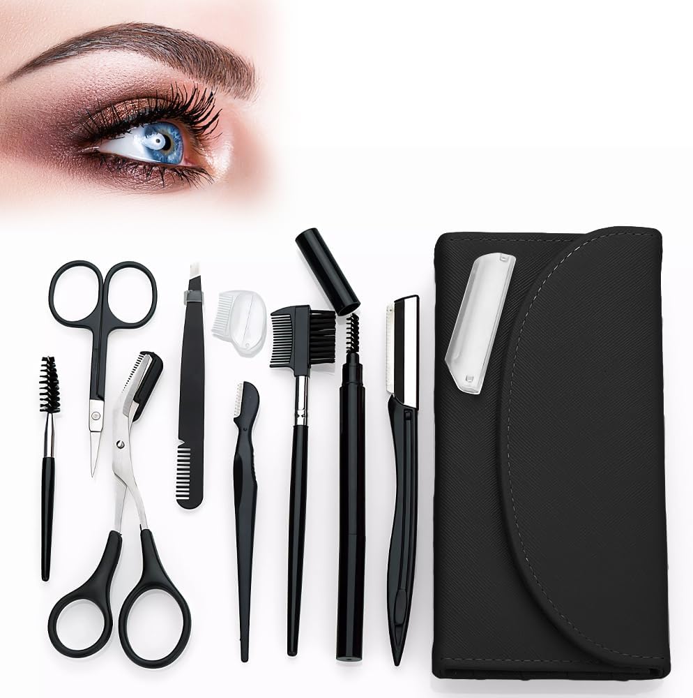 8-in-1 Eyebrow Grooming Kit – Professional Eyebrow Trimmer, Scissors, Tweezers, Brush & Dermaplaning Tool – Precision Brow Shaping Kit for Men & Women – Includes Leather Travel Case