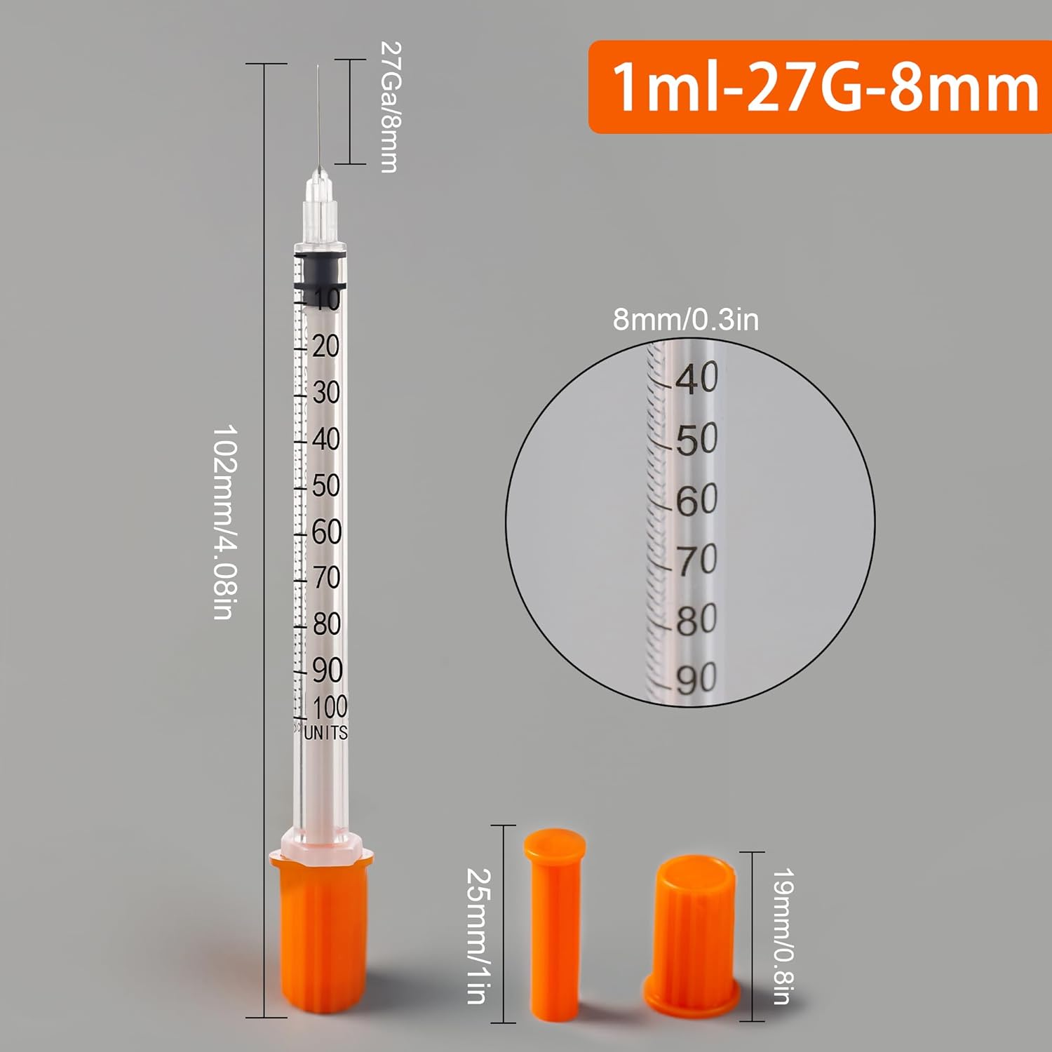 U-100 27G 1cc Syringes with 5/16 Inch-8mm Accurate Measuring for Liquid Individually Sealed Packaging (100Pack)