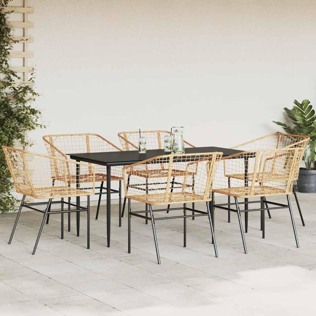 Set da 7 pezzi da giardino con polyrattan marrone e tavolo in vetro, composto da 6 sedie con braccioli e un tavolo, telaio in acciaio verniciato a polvere, robusto