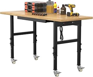 60" Adjustable Workbench,Heavy-Duty Work Table,3000 LBS Load Capacity Hardwood Workstation Outlets with Power Strips, Drawers and Wheels,for Workshop, Garage