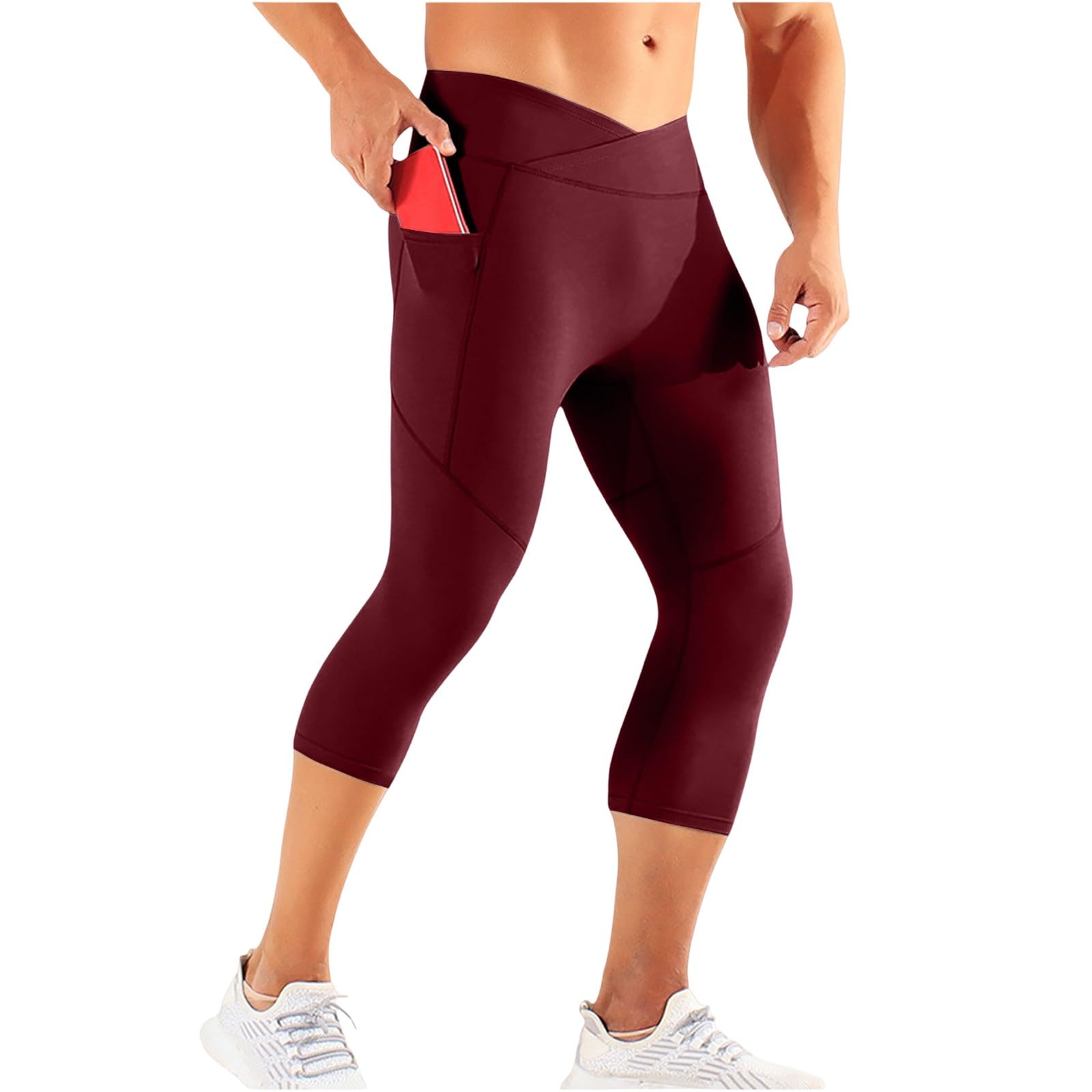 Legging de compression 3/4 pour homme - Taille haute - Collant de course à pied - Gym Fitness Entraînement Cultures - Séchage rapide - Couche de base - Pantalon athlétique