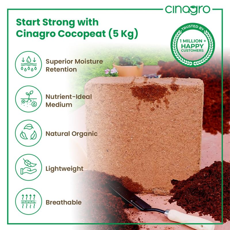 Image of Cinagro Cocopeat (5 kgs Block, Expand up to 75 litres or 15 Kgs Cocopeat Powder), Natural Coconut Coir Fibres, Organic Fertilizer for Home Gardening, Potted Plants