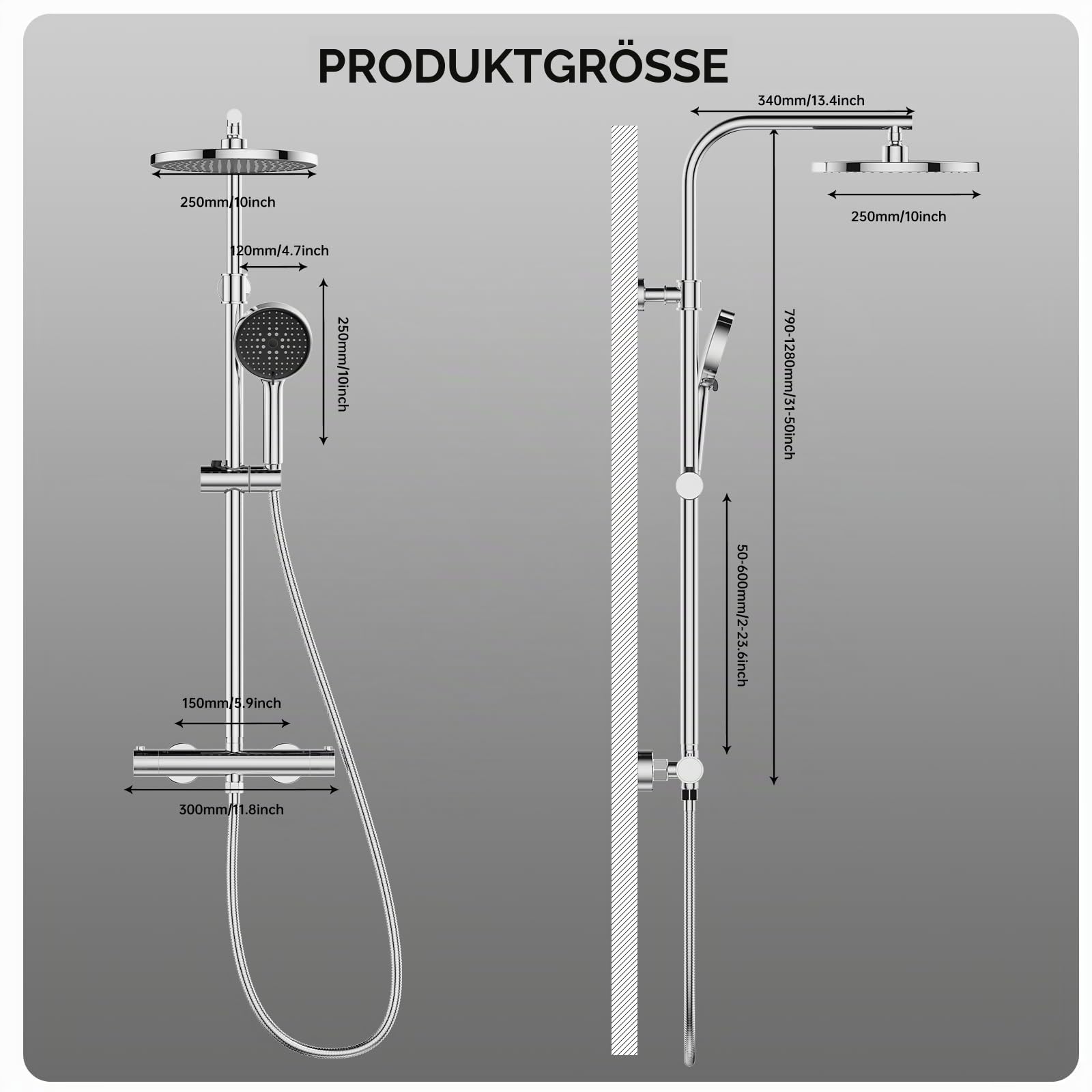 Ronvie Duschsystem mit Thermostat, 25cm Regendusche Duschkopf Chrom