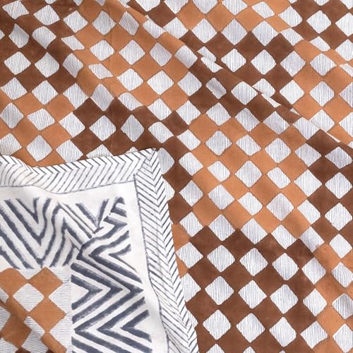 Image of TOAI Hand Block Printed Bedsheet | Bed Spread Flatsheet Bed Sheet | 210 TC Long Luxury Cotton | King Size 108 inchx108 inch |2 Reversible Pillow Covers (Brown Checks Blue Lines)