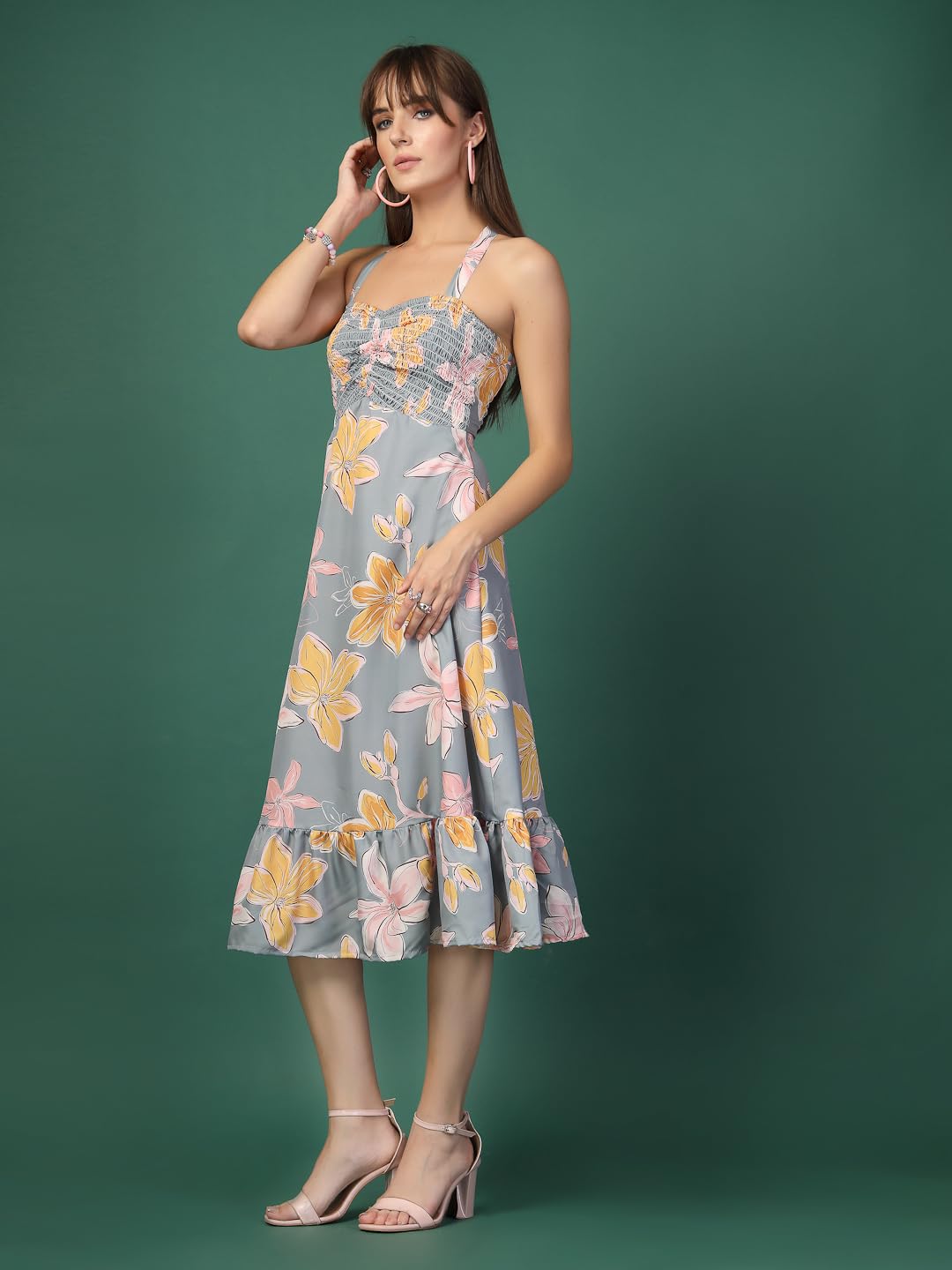 Oomph Women's Western & Fusion Wear Printed Crepe Dress For Women, Smocked Bodice, Grey - Md1055