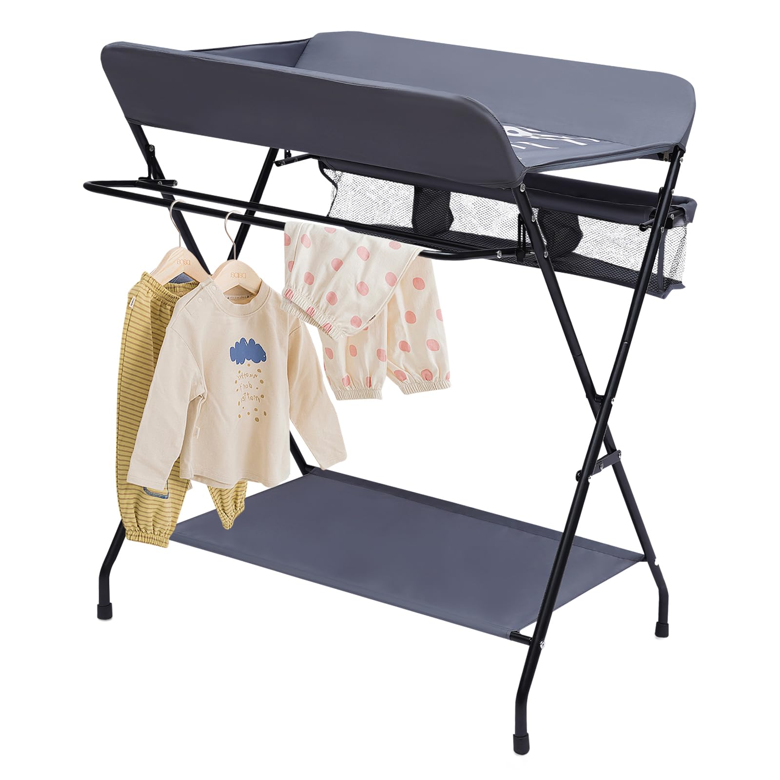 Commode à langer pour bébé, commode à langer pliable, table à langer avec matelas à langer, ceinture de sécurité et compartiments de rangement, peu encombrante et stable, charge maximale : 25