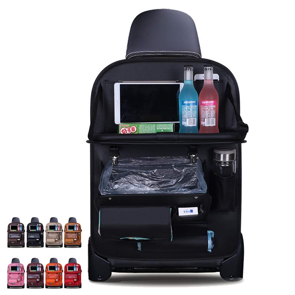 Organizador Del Asiento Automóvil, Organizador De Accesorios De Viaje En Automóvil De Cuero De La PU, Con Bandeja Plegable Y Bote De Basura, Alfombrillas Protectoras Del Asiento Trasero,Negro