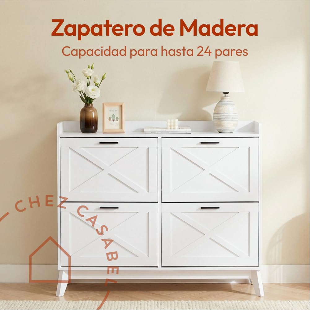 CASABEL Zapatero 4 Abatibles, Frentes con Motivo de Cruz, Blanco, Diseño Funcional, Gran Capacidad 24 Pares, Mueble de Almacenaje para Entrada, Pasillo o Salón, 114x24x96 cm