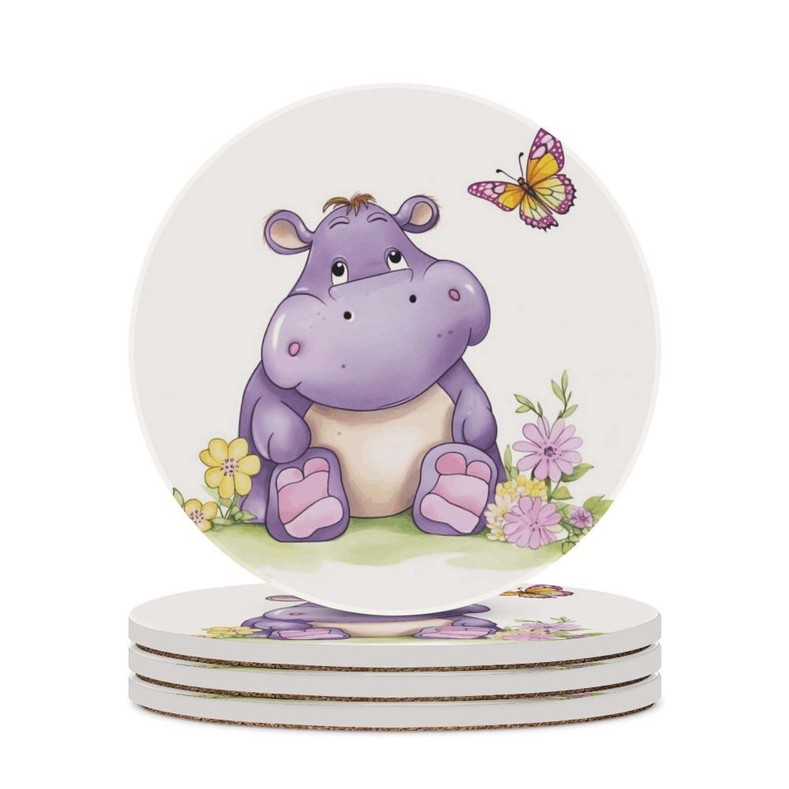 Butterfly and Hippo Coaster with Cork Base Drink Coasters for Coffee Table Decor Modern Cup Coasters with Non-Slip & Heat-Resistant Cute Ceramic Table Coaster for Home Dining