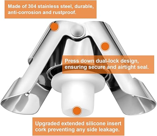 Miniatura 4 de STEETURE 2 tapones de champán de acero inoxidable, tapón de vino espumoso, tapón de silicona de grado alimenticio, sellador de botellas a prueba de