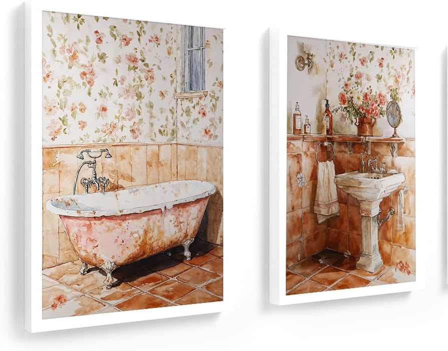 Kit 2 quadros 18x24 cm com vidro, banheiro, lavabo, Pastel (Branco)