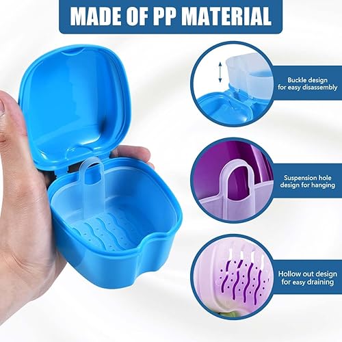 Miniatura 101 de Paquete de 2 cajas de baño para dentaduras postizas, contenedor de almacenamiento con cesta coladora para limpieza de viajes (azul claro y azul)