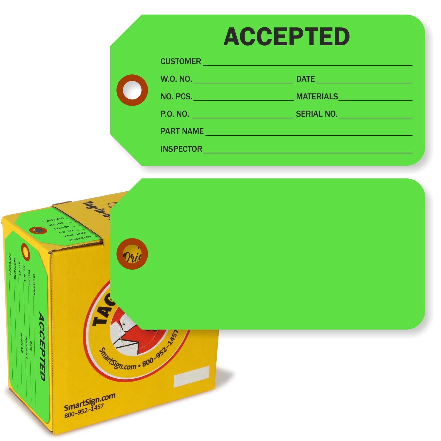 SmartSign 100-Pack 'Accepted' Fluorescent Green Tags in Box, 3" x 6.25", 13pt Thick Write-On Cardstock Tags, Double-Sided, Pre-Punched Hole with Fiber