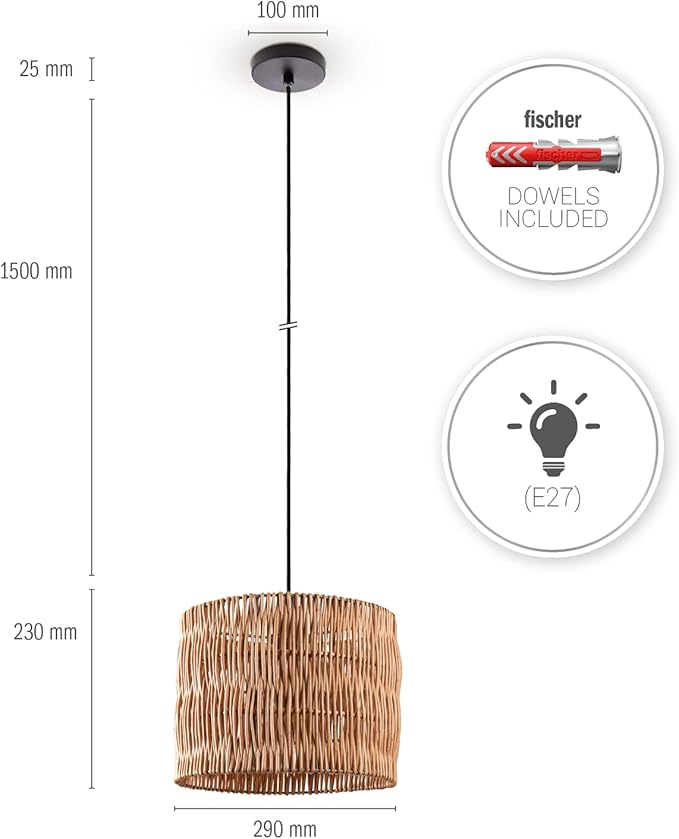 Paco Home Paco Home Pendellamp Rotan Eettafel Hanglamp Eetkamer Lamp E27 Papier Boho, Kleur:Natuur (Ø29cm), Lamptype__Kleur:Hanglamp - Zwart photo 3