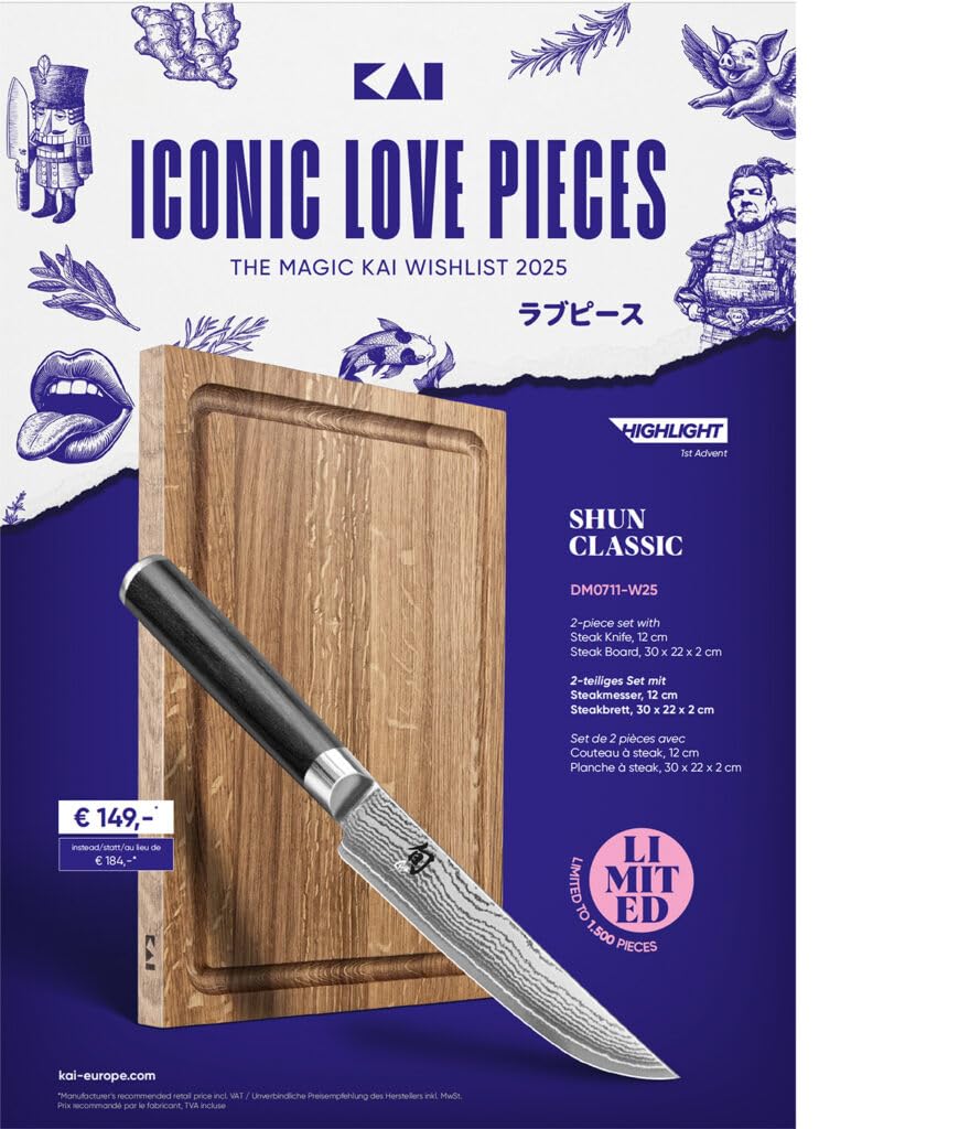 KAI Shun Classic Steakmesserset DM 0711 W25 Eichenbrett 30x22 cm Weihnachtsangebot