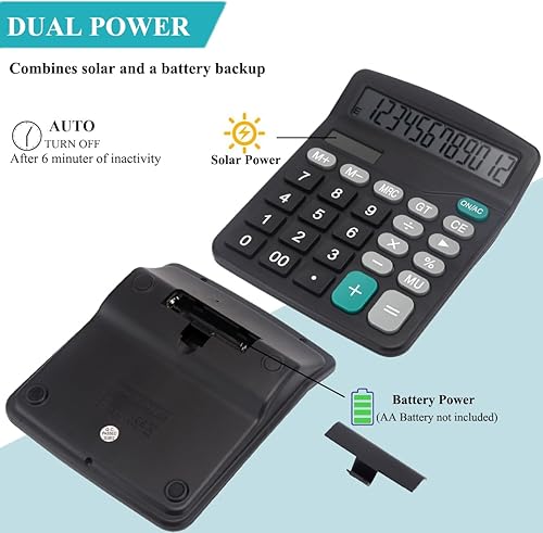 Miniatura 2 de Calculadora de escritorio, calculadora básica de oficina con pantalla grande de 12 dígitos, energía solar dual y batería, cálculo simple de 4
