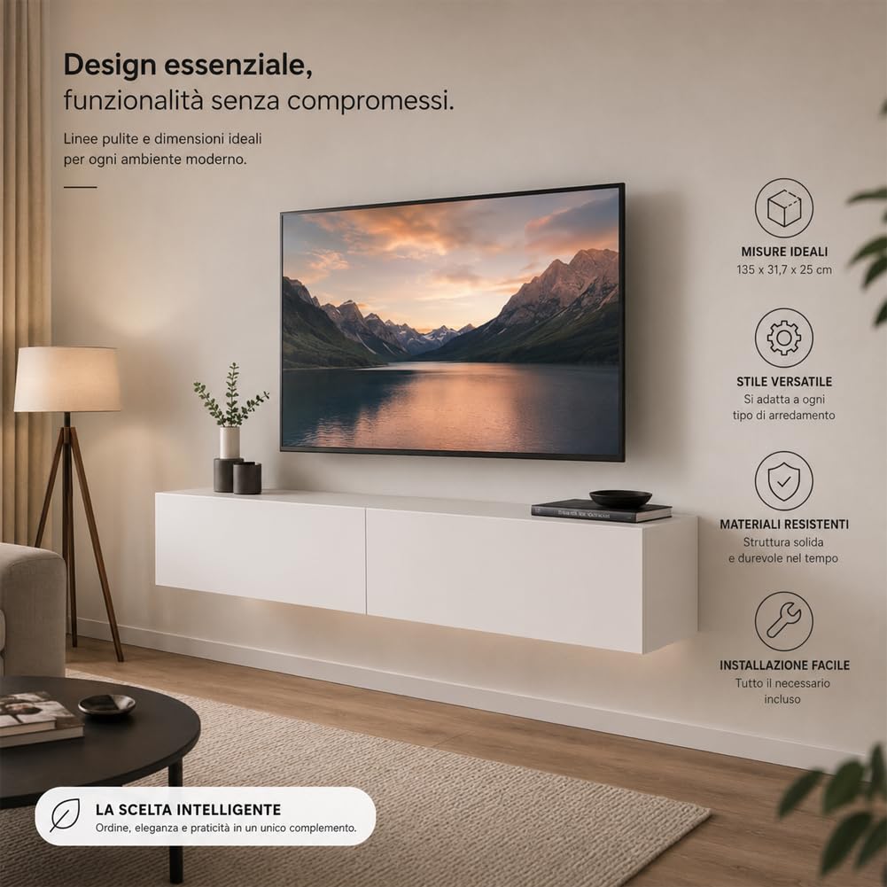 Shally Dogan Mobile Porta Tv Sospeso Design Moderno, Mobiletto da Parete per Soggiorno con Doppio Cassetto, Struttura Resistente, Ideale per Casa e Ufficio, 135 x 31.5 x 25 cm (Bianco)