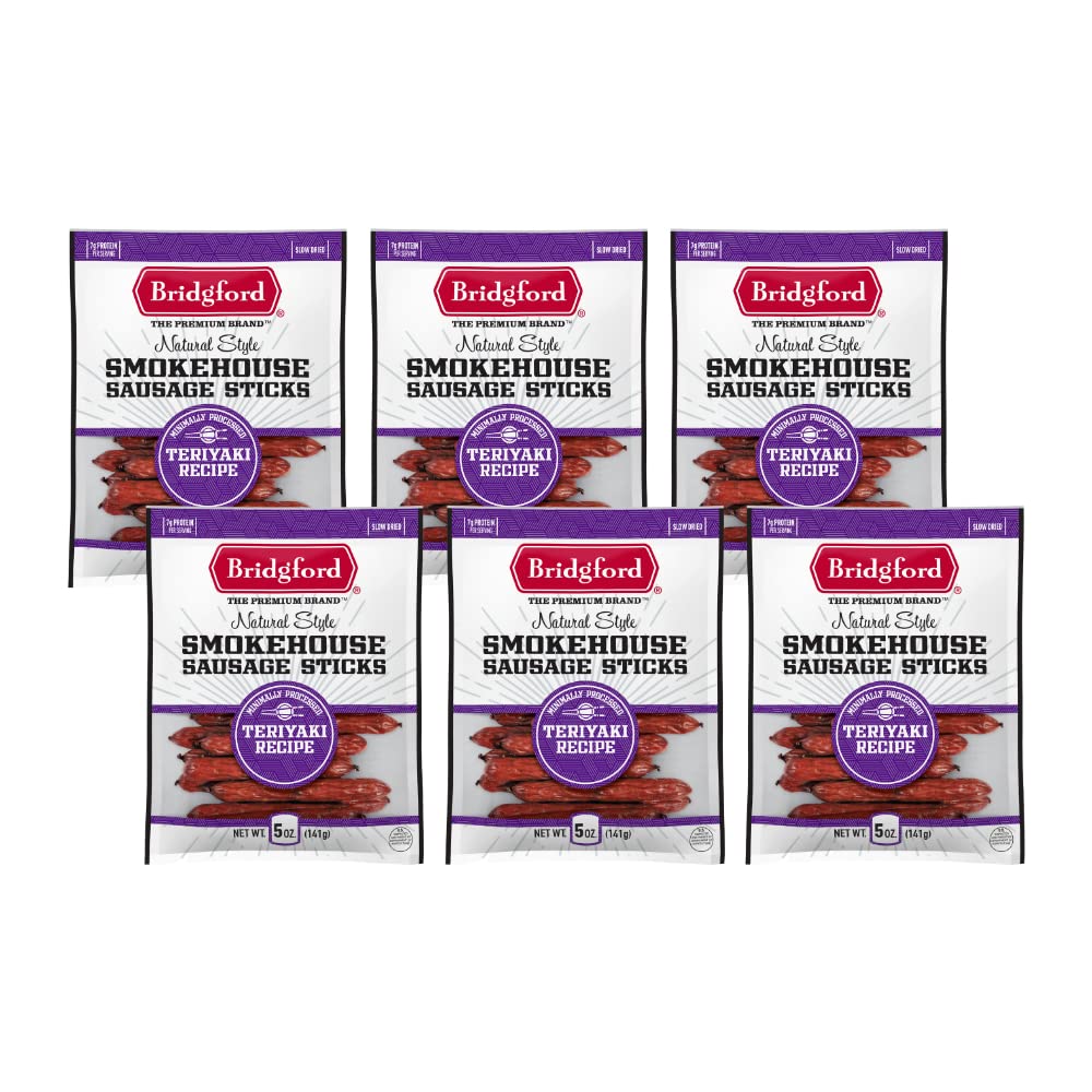 Bridgford Smokehouse Sausage Sticks Teriyaki 5 oz Pack of 6 - Made with Beef and Pork - Gluten Free High Protein Summer Sausage Beef Snack - Smoked,