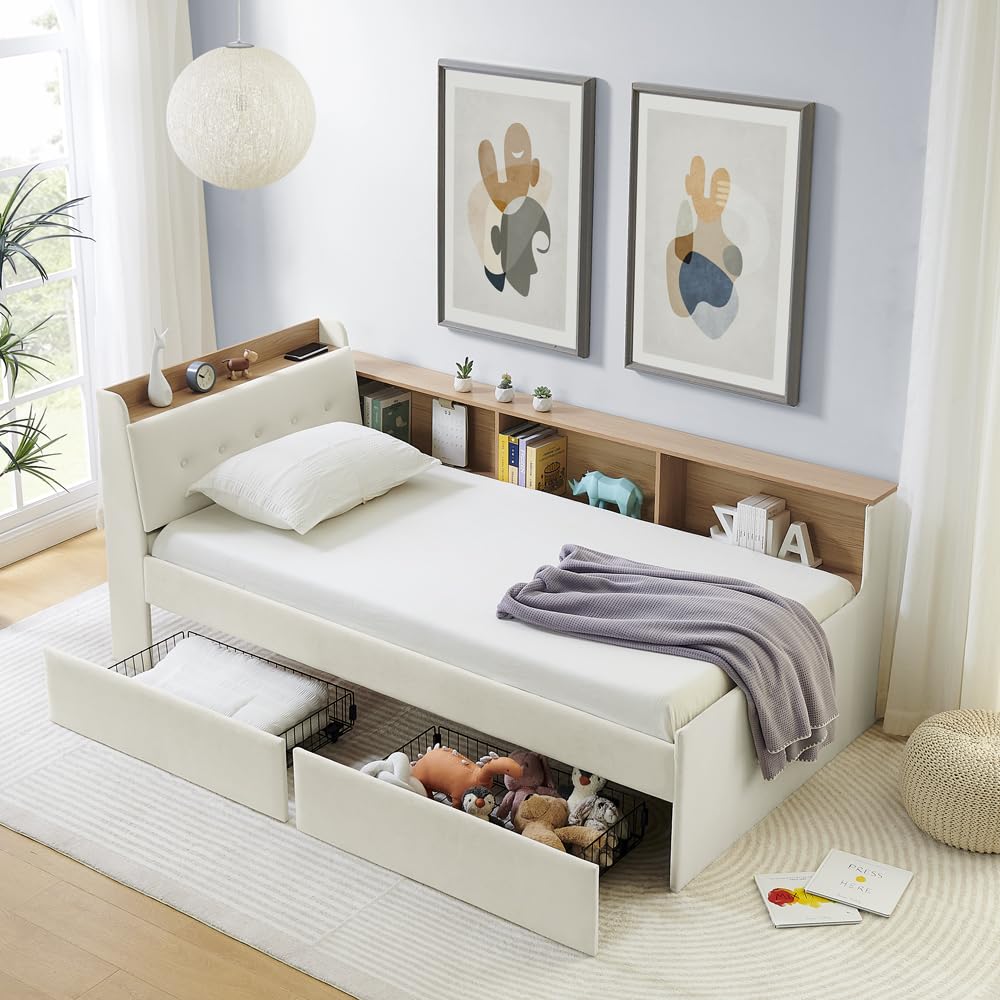 Photo 1 of ** SELLING FOR PARTS AS PARTIAL SET. ONE BOX OF TWO.**KEIKI Twin Size Upholstery Daybed with Storage Headboard, 2 Drawers and Charging Design, Multi-Functional Velvet Sofa Bed, Easy Assembly, No Box Spring Required, for Living Room and Bedroom, Beige
