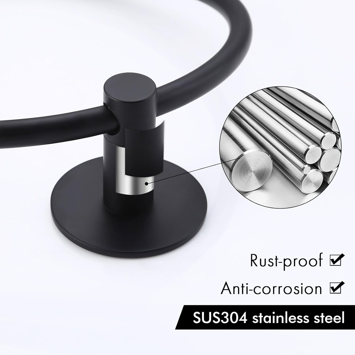 Black Towel Ring, 180° Swivel Hand Towel Holder 304 Stainless Steel Towel Ring Self Adhesive Towel Rail Anti-Rust Towel Rail Wall Mounted Towel Rings for Bathrooms Round Towel Hanger