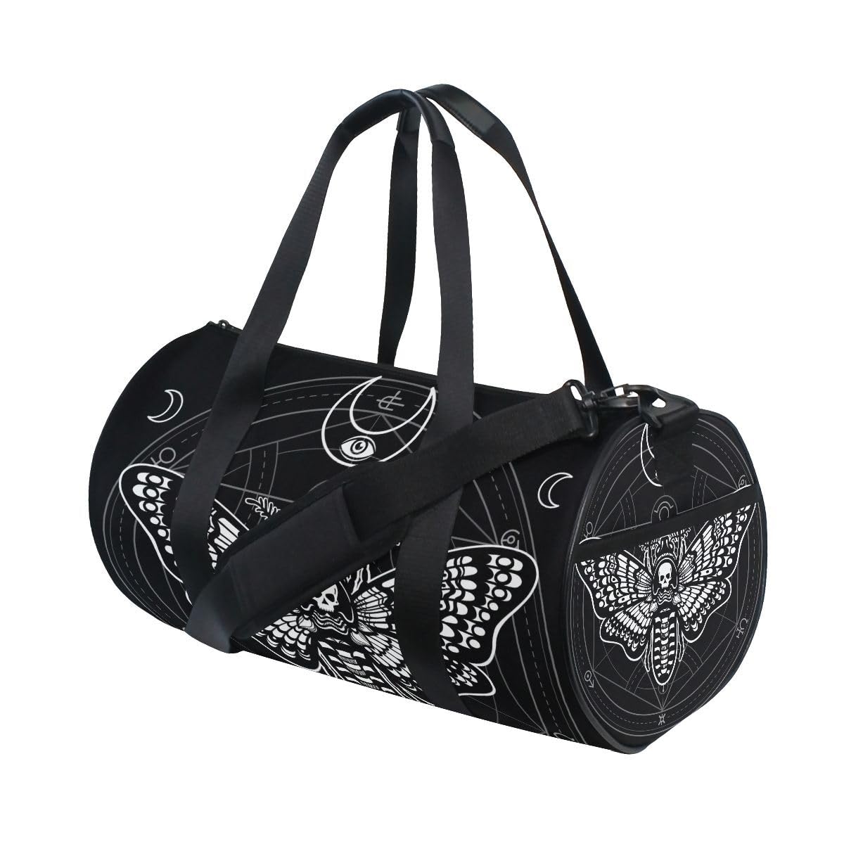 ALAZA Gym Bag Travel Bag Womens Mens for Travel Sports Camping Yoga Swim, Black Skull Moth Small Round Foldable Duffle Bag with Shoulder Strap Top Handle โ image 1