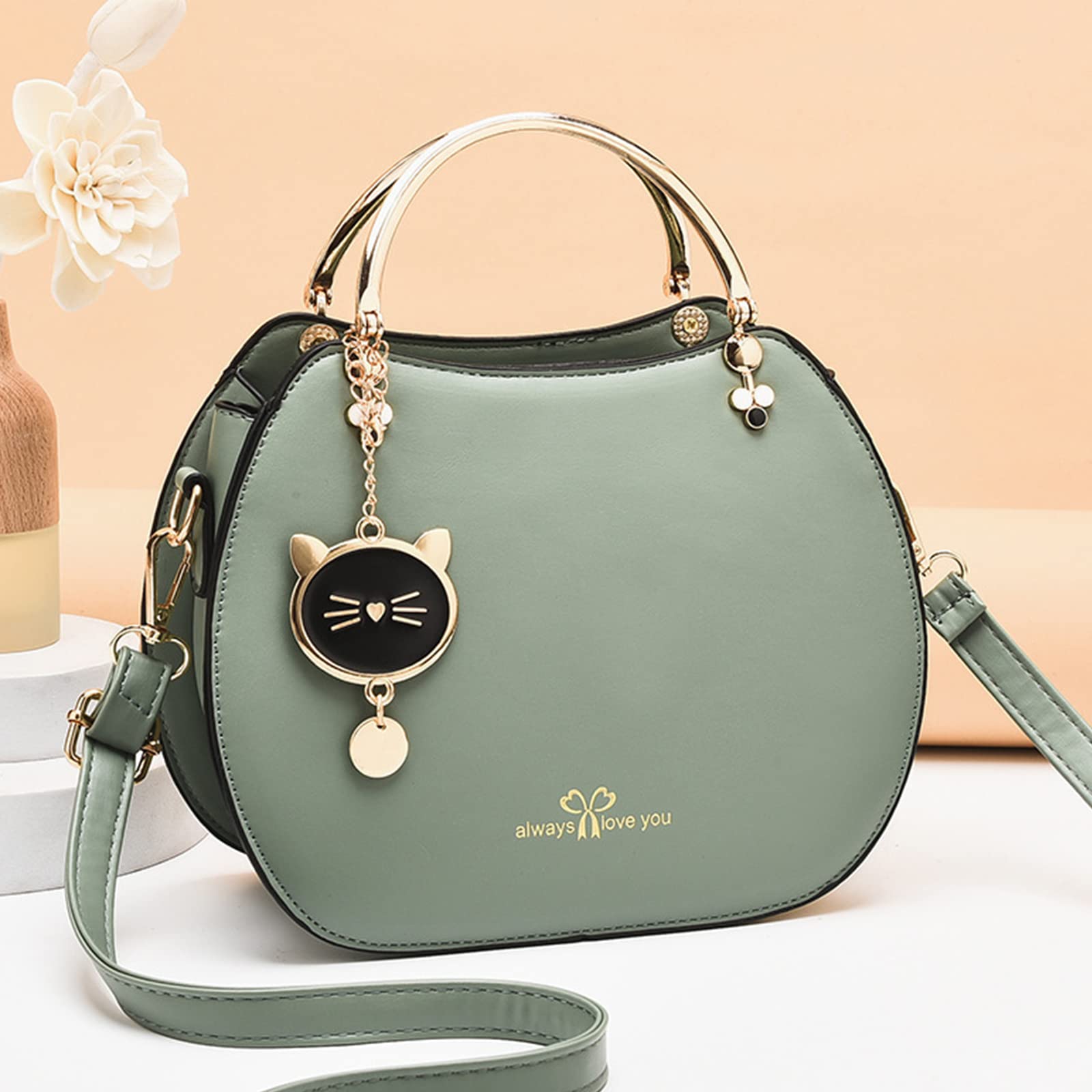 NICOLE & DORIS Bolso Bandolera Redondo Mujer Bolso Pequeño Bolsos de Mano Crossbody Lindo Bolsa Cruzado Bolsa de Mensajero para Niñas Bolsos de Fiesta Pochette con Gato Colgante Verde