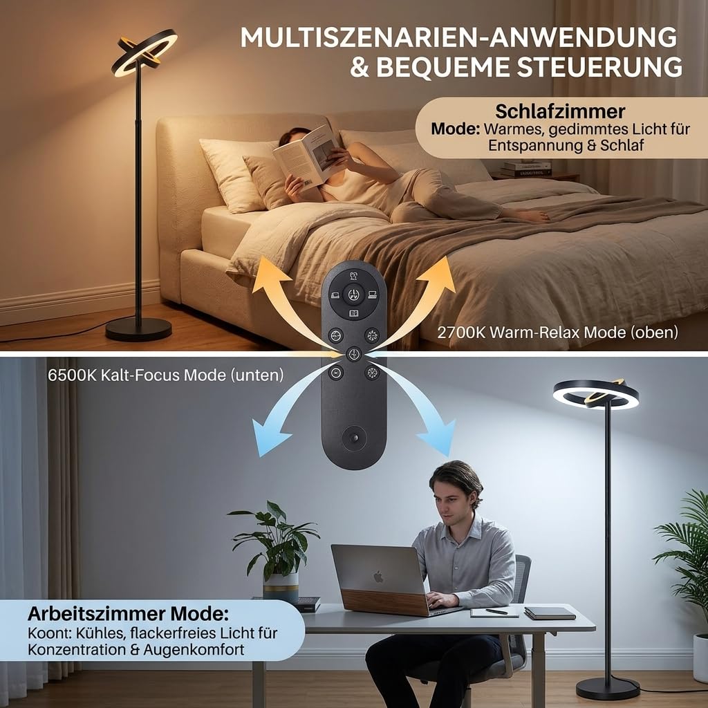 Stehlampe Wohnzimmer LED Dimmbar, 36W Super Hell 2000LM Deckenfluter mit Fernbedienung, 2 Drehbar C-Ring Lampenköpfe, 191cm Moderne Stehleuchte für Schlafzimmer Büro Esszimmer, Schwarz
