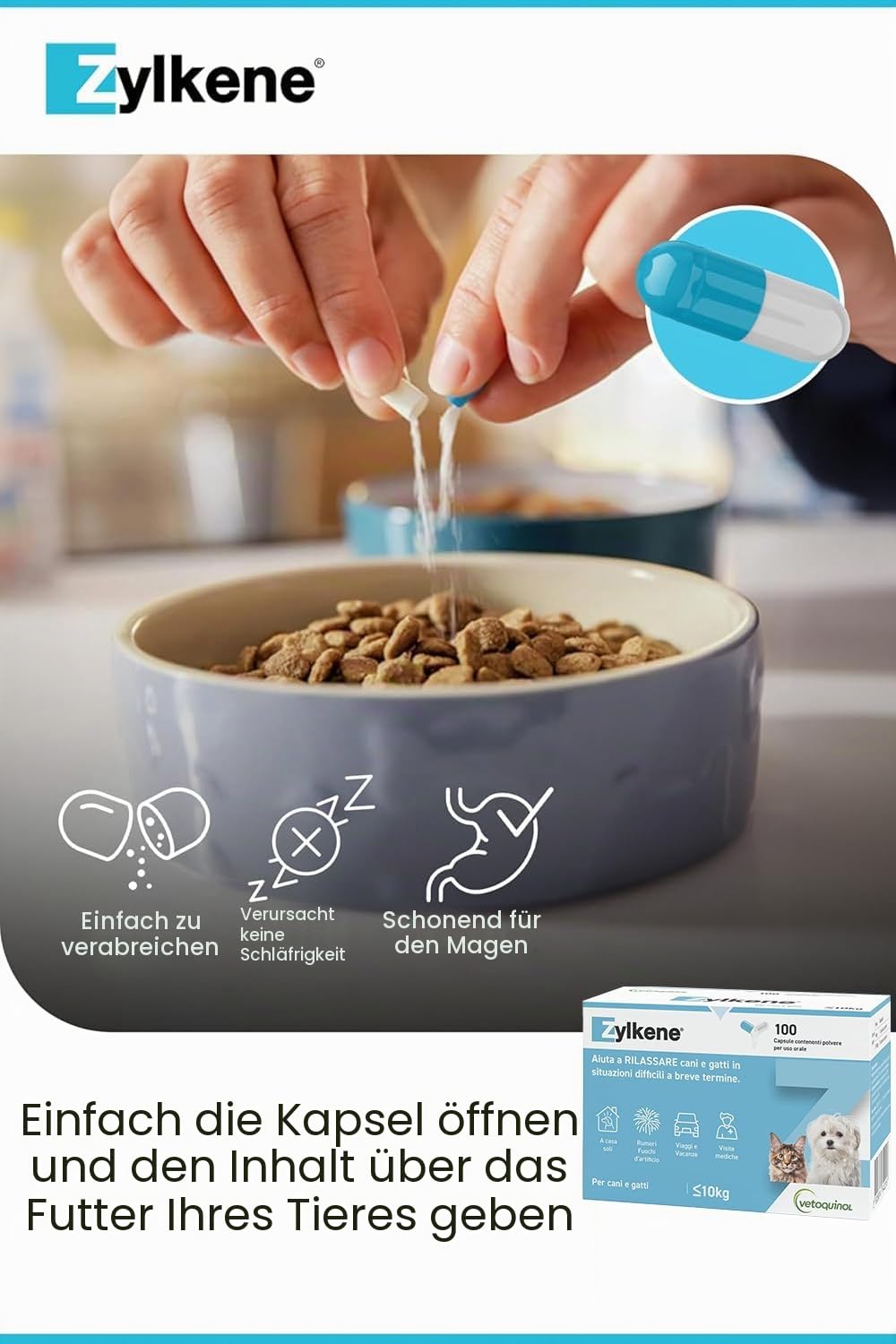 Zylkene Ergänzungsfuttermittel | Katzen und Hunde bis 10 kg | Entspannend bei Beschwerden | 100 Kapseln 75mg