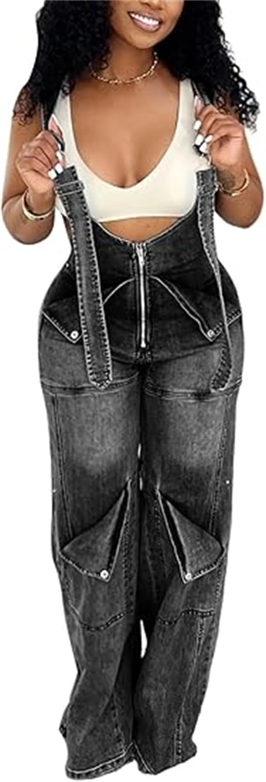 Damen-Overall Lässig Verstellbare Jeanslatzhosen Jumpsuits Hosen Weites Bein Cargo-Jeans-Overall