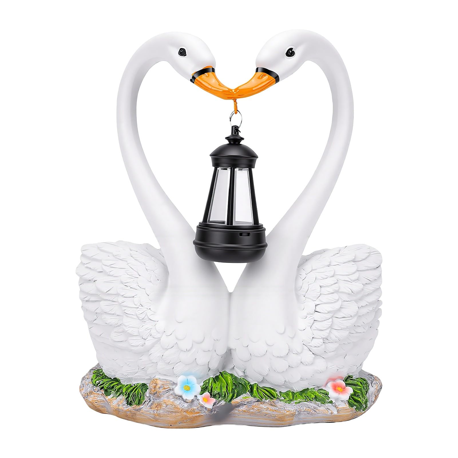 Gonetre Solar Swan Garden Statue with Hanging Lantern Light, 9.84in Resin