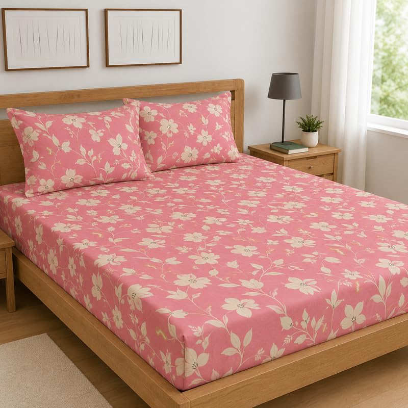 Image of Premium Cotton Fitted Bedsheet King Size 78 x 72 x 8 Inches with 2 Pillow Covers | 220 TC | All-Around Elastic Deep Pocket Bed Cover | Coral Pink Ivory Floral