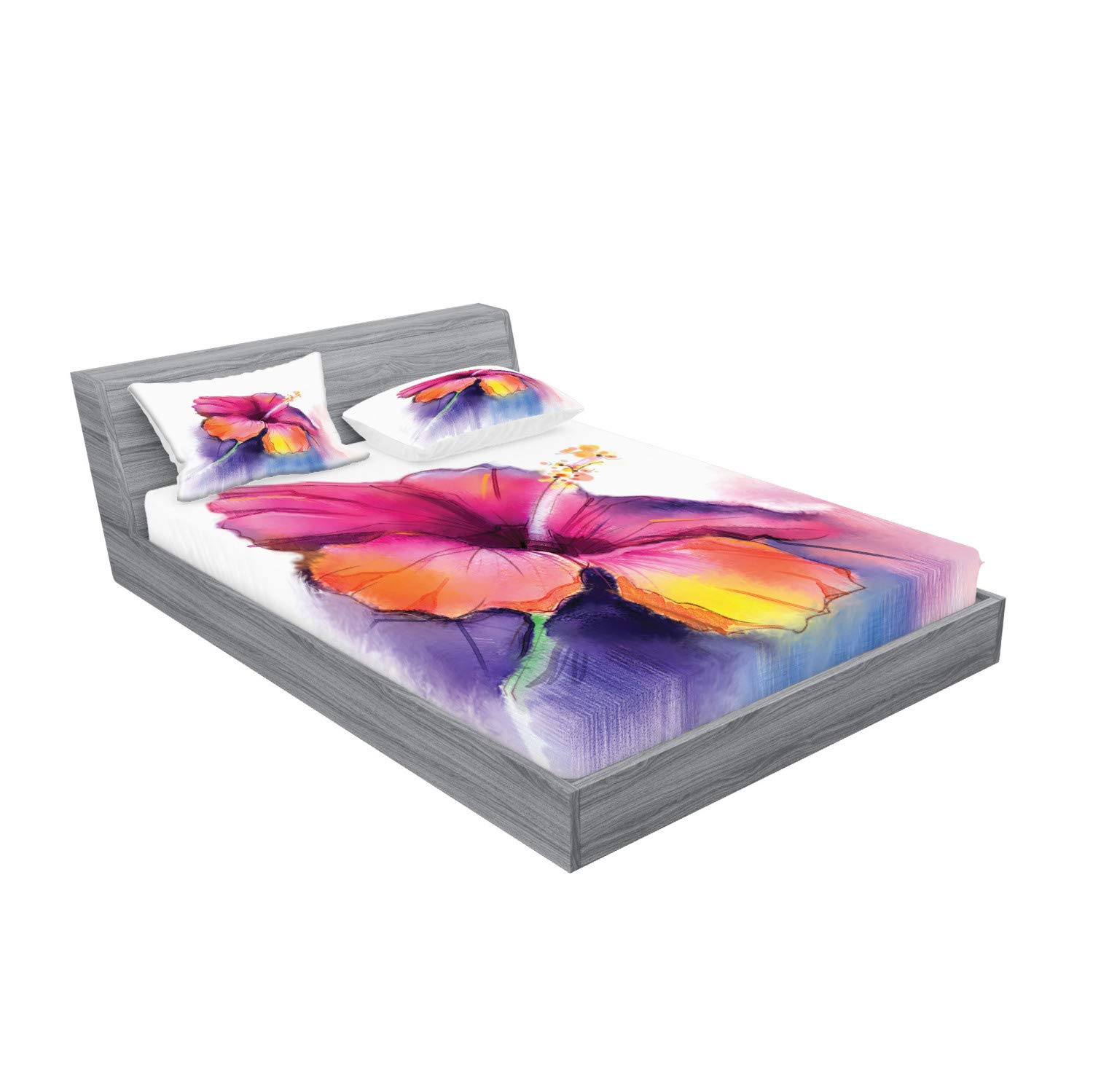 Ambesonne Flower Fitted Sheet & Pillow Sham Set, Hibiscus Flower in Pastel Abstract Colorful Romantic Petal Pattern Art Print, Decorative Printed 3 Piece Bedding Decor Set, Calking, Pink Violet