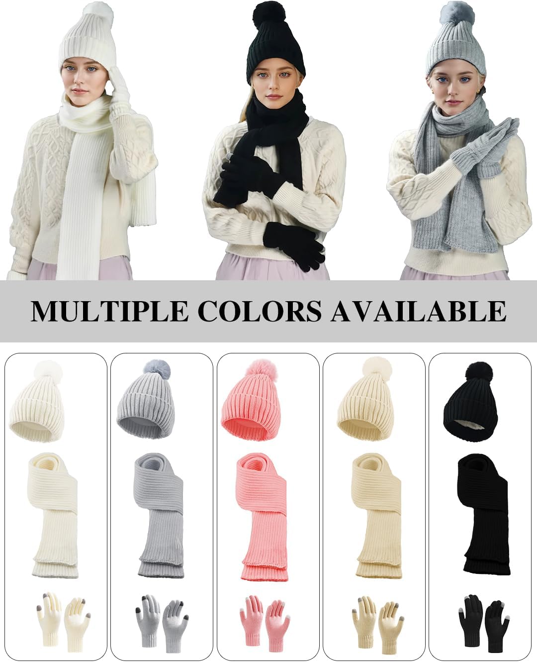 Winter Beanie Hat Scarf Gloves Set for Women, Fleece Knit Pompom Beanie Neck Warmer Long Scarf Touchscreen Gloves 3 in 1 Set - Image 7