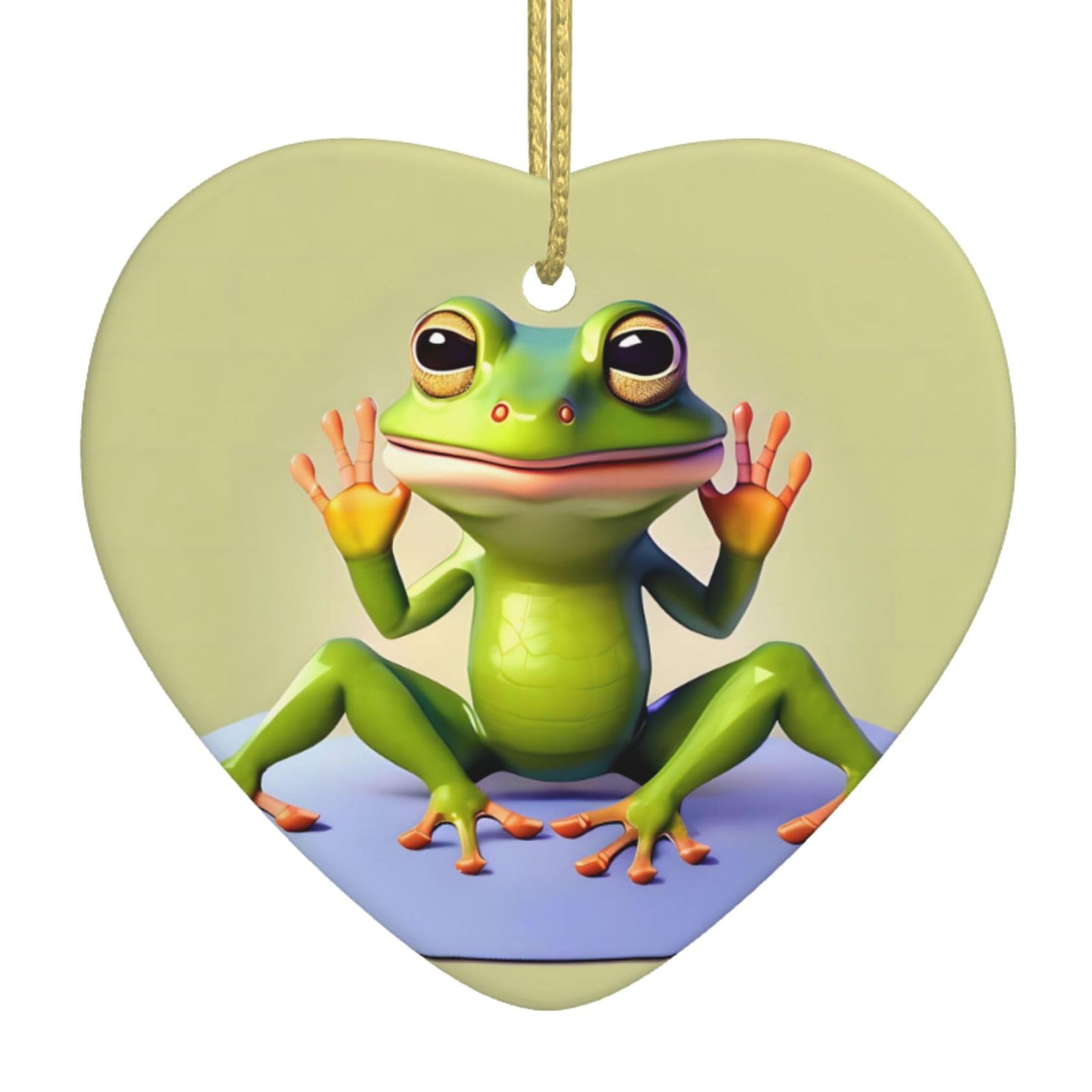 The Funny Frog Doing Yoga Ceramic Christmas Heart Pendant with Silk Thread, Christmas Tree Home Decoration