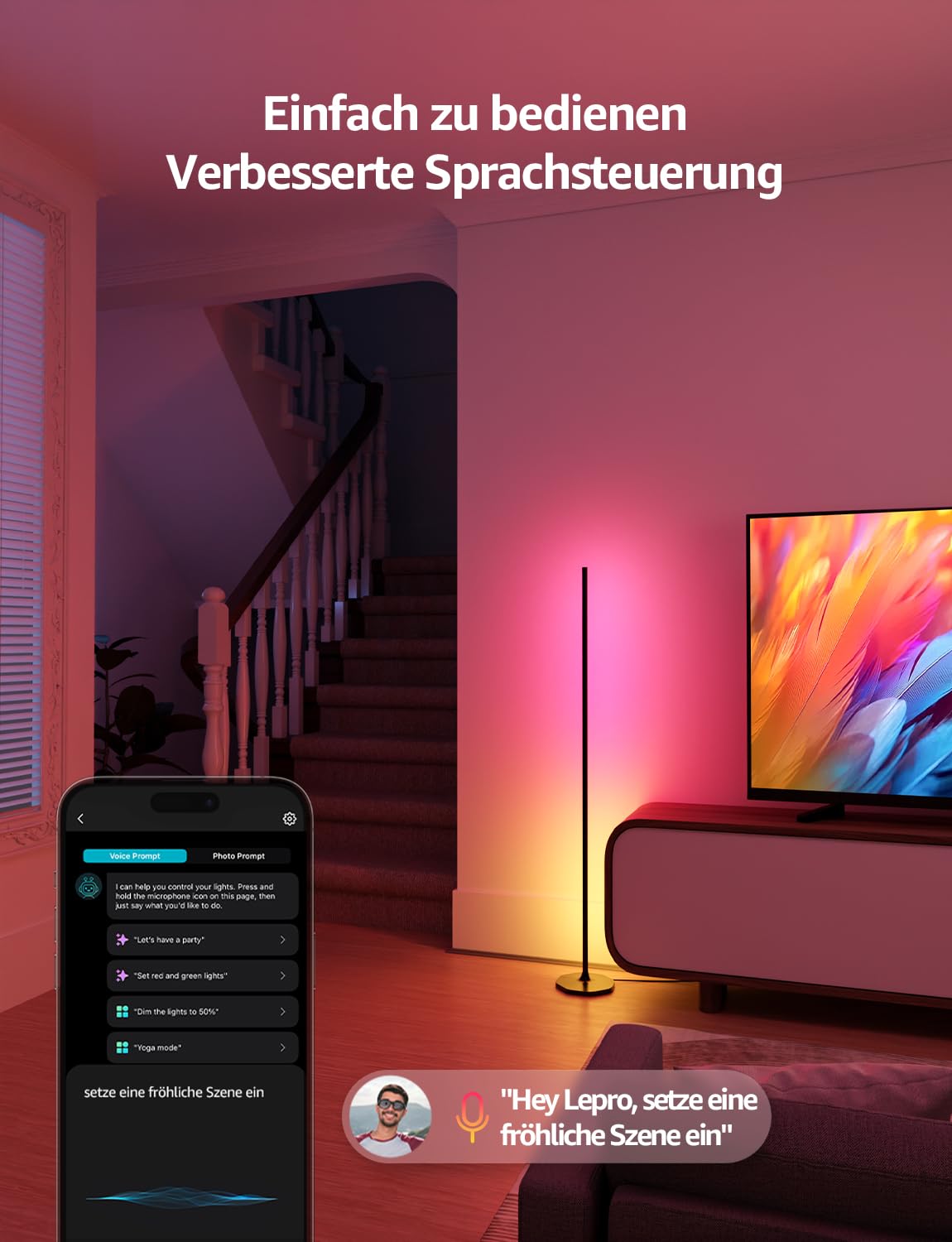 Lepro AI Smart Stehlampe Wohnzimmer OE1, Kompatibel mit Alexa/Google | Stehlampe Dimmbar (140CM), Sprachsteuerung/Musik Sync/DIY, Personalisierter KI-Lichtdesigner, 16 Millionen Farben