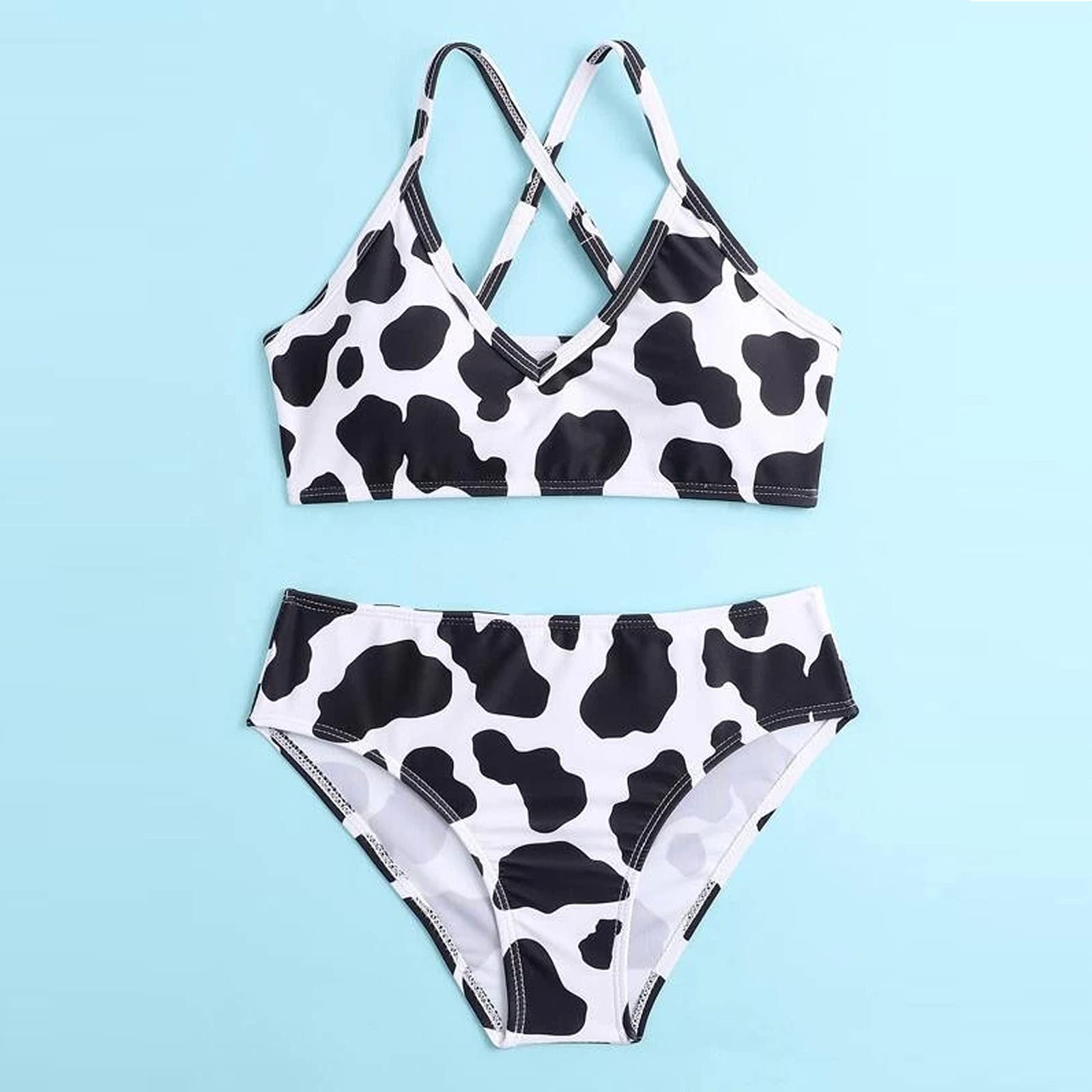 Generisch Traje de baño tankini para niñas con estampado floral de verano cruzado a través de la parte posterior lindo estampado niña vaca traje de baño de dos piezas