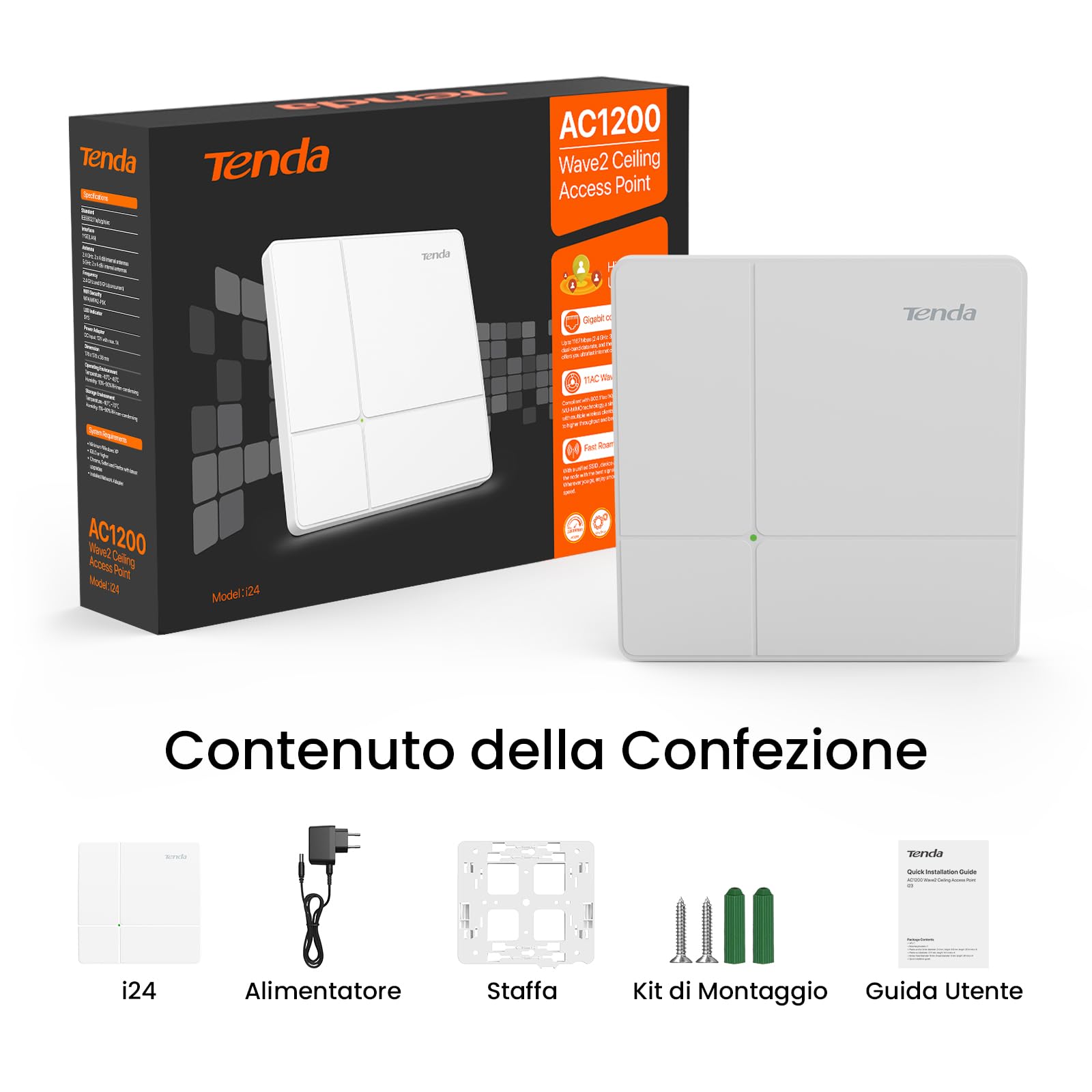 Tenda I24 AC1200 Wireless Access Point (802.11ac Dual Band, 1 Porta Gigabit, Gestibile tramite APP/Interfaccia Web, Alimentato tramite PoE+ 802.3at, Include Alimentatore) Bianco