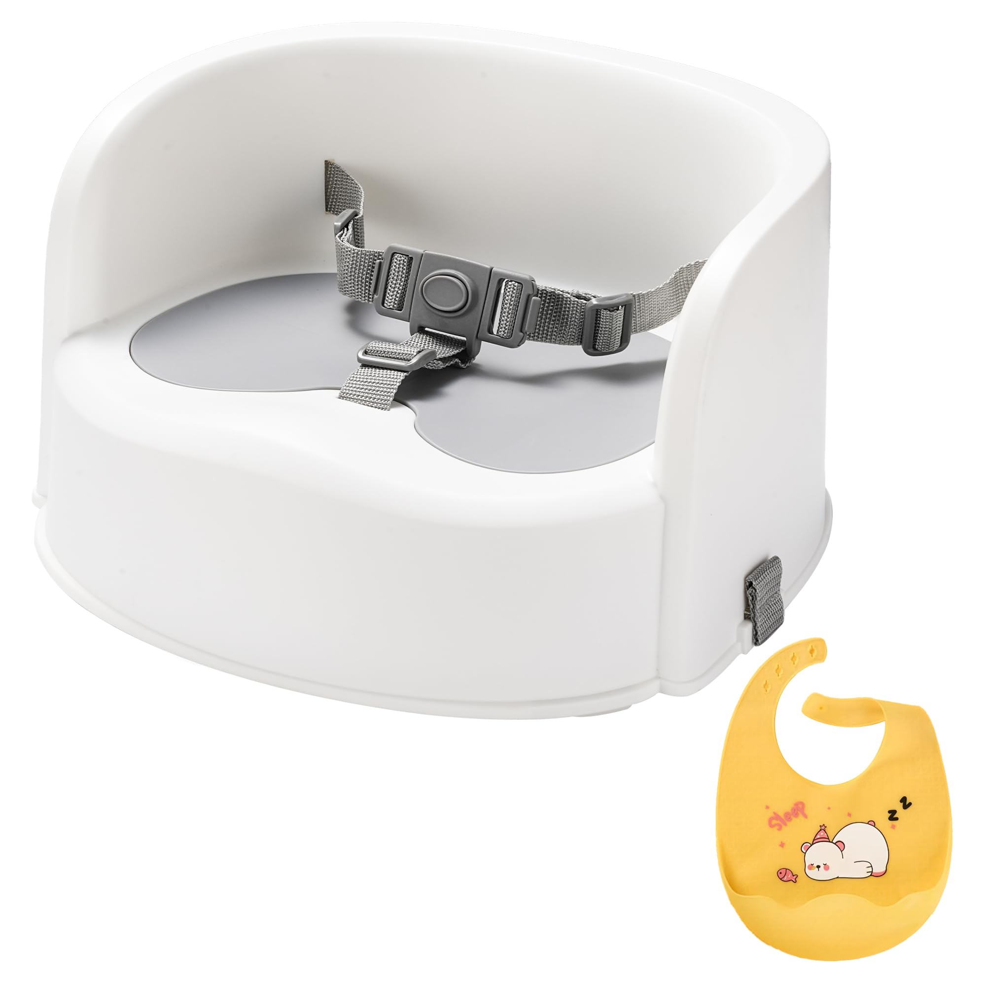 Booster Seat for Dining with 1 bib, Travel High Chair with 3-Point Harness and 2 Adjustable Straps, Washable Baby Food Chairs 6 Months Plus Sitting Up (Khaki) (Gray)