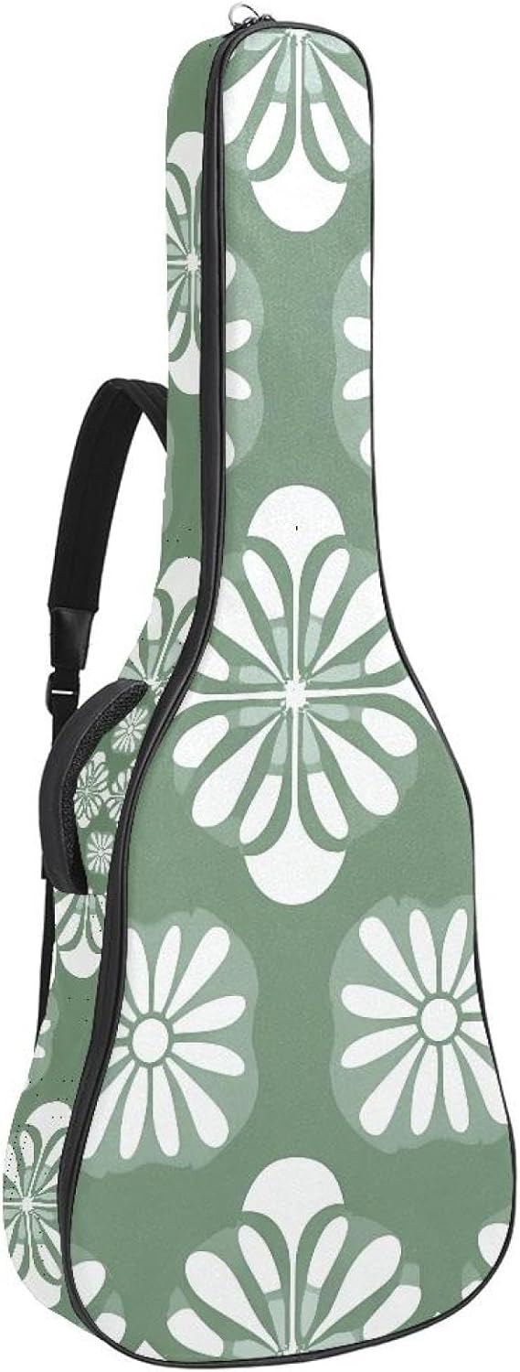 Sage Green and White Floral Shapes Acoustic Guitar Gig Bag, 1 cm Thick Padding Waterproof Guitar Bag Backpack for 40 41 42 Inch Electric Bass Classical Guitars