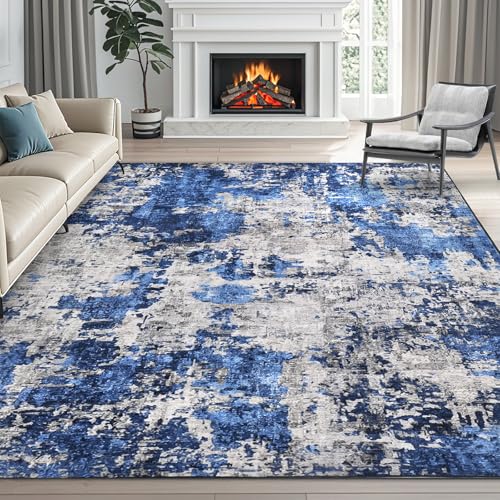 Washable Rugs 5X7 Large Neutral Modern Non Slip Foldable Thin Under Dining Table Dining Room Floor Cove Blue