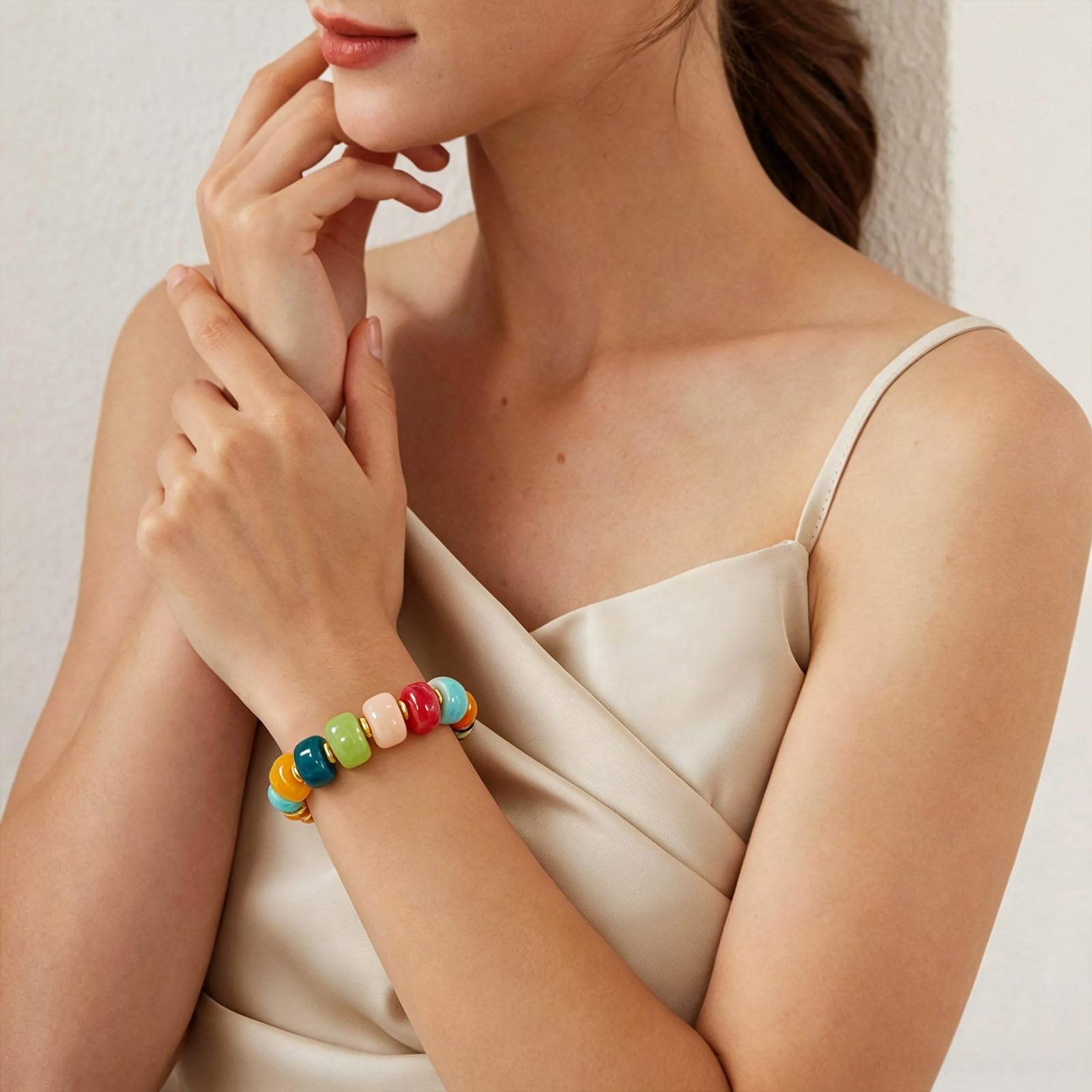 Braccialetto con perline grosse da donna, multicolore, con grandi perline in resina acrilica, elastico e allungabile, braccialetti alla moda e di tendenza, gioielli boho per vacanze estive al mare.