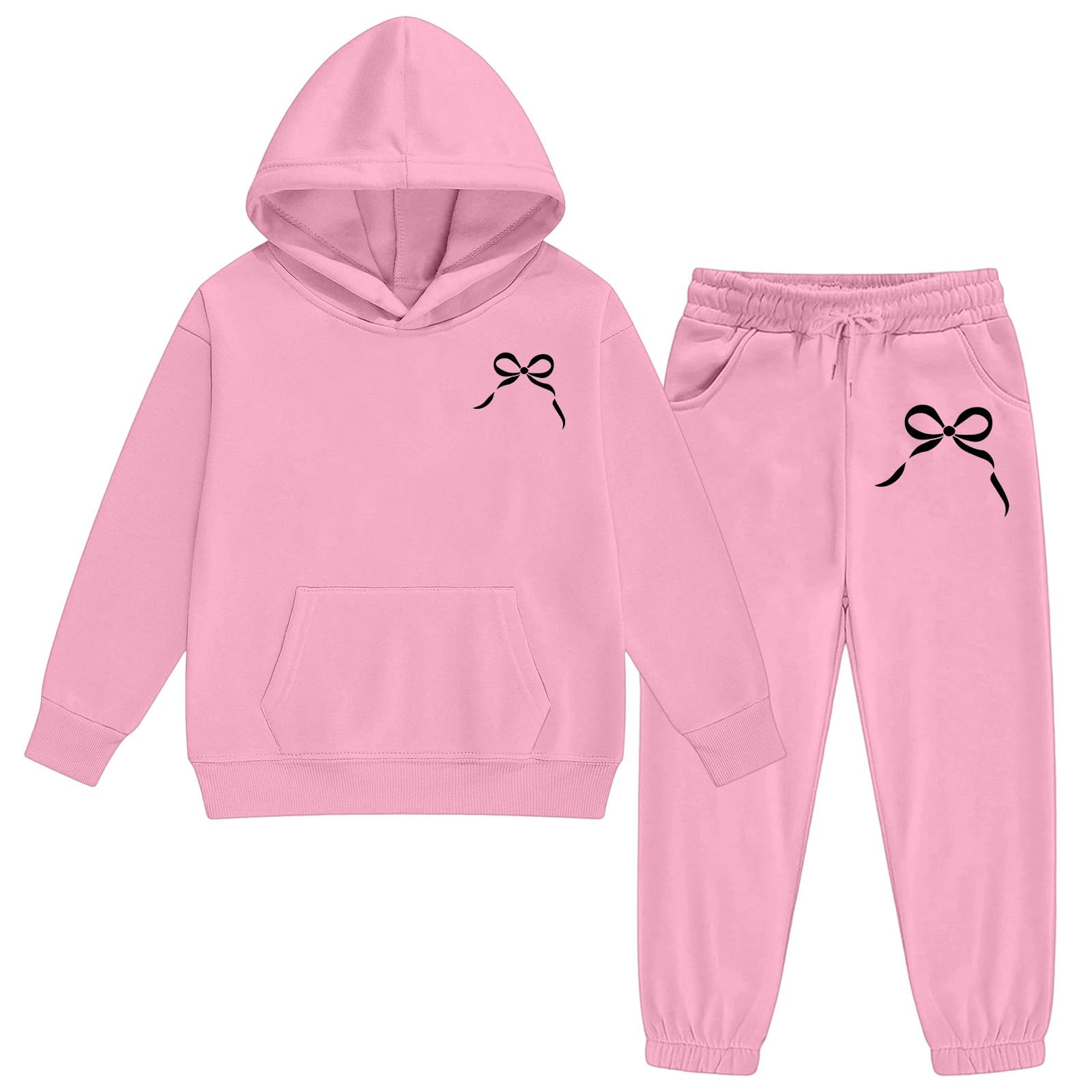 Jogginganzug Mädchen Jungen Zweiteiliger Trainingsanzug Schleifen Druck Freizeitanzug Einfarbig Sportstyle Set Langarm Kapuzenpullover Hoodie mit Jogginghose Y2K Kinder Sportkleidung