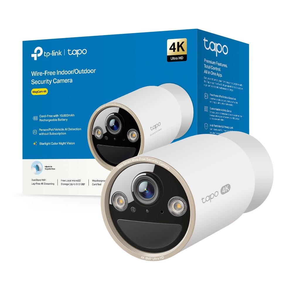 Tapo C460 4K 8MP Cámara Batería con Base magnética, visión Nocturna a Color Starlight, batería 10000mAh, conectividad WiFi Dual-Band 5G/2.4G, detección AI, IP66, Alarma rápida y antirrobo