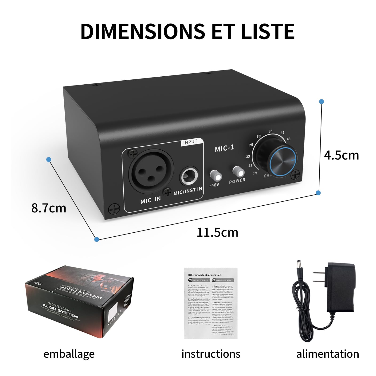 XTUGA XIC1 Préampli micro pour microphones dynamiques et à condensateur Booster avec 2 entrées Max 75db Gain 48V Phantom Power Sortie XLR