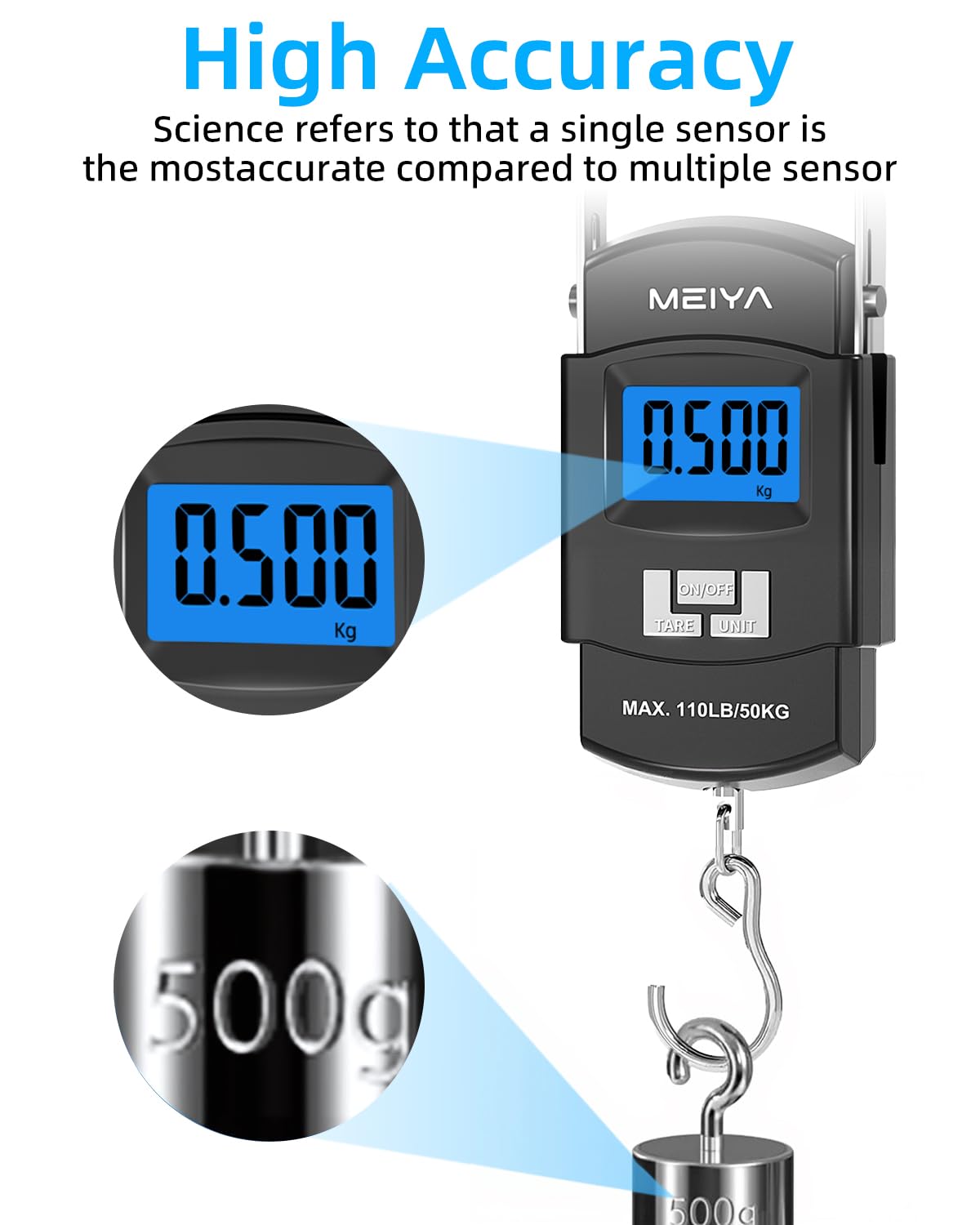 MEIYA Fish Scale 110lb/50kg Digital Fishing Scale with Backlit LCD, Portable Handle, Stainless Steel Hook & 2 AAA Batteries – Reliable Fishing Gear & Great Fishing Gifts for Men