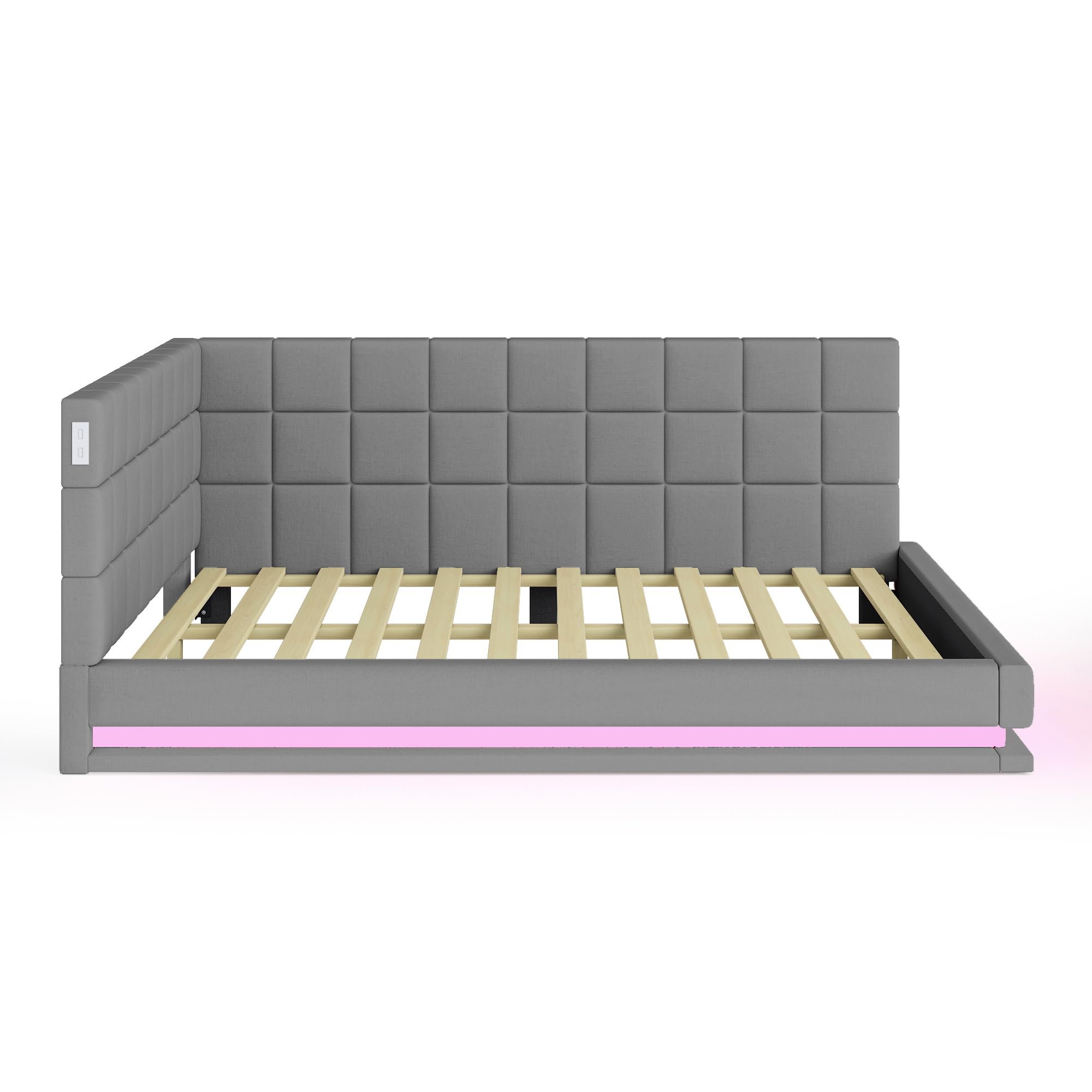 Merax Schlafcouch 140 x 200 cm, Schlaffunktion Schlafsofa mit LED Lichtleiste, USB Steckdose, Polsterbett 2 Sitzer mit Lattenrost, Samtstoff, Gris (Ohne Matratze)