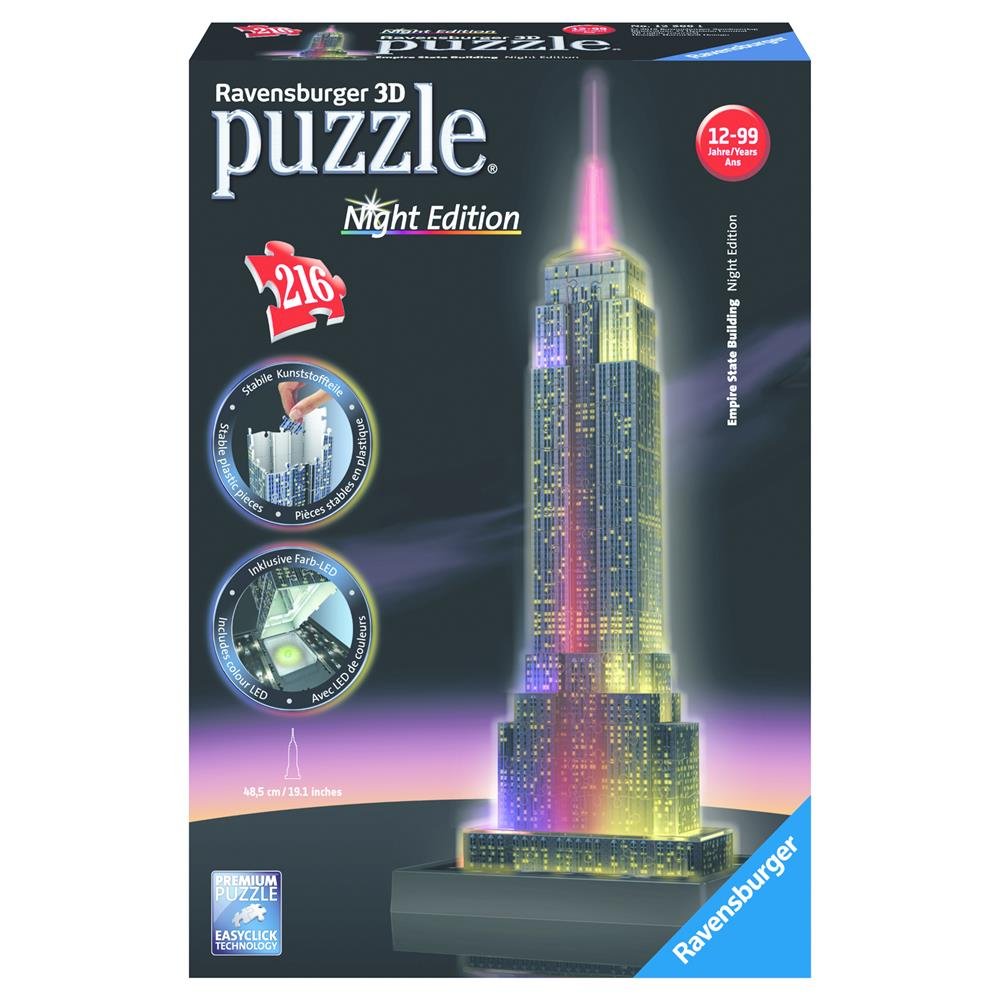 Ravensburger - Puzzle 3D Building - Empire State Building illuminé - A partir de 10 Ans - 216 pièces numérotées à Assembler sans Colle - Accessoires de Finition Inclus - 12566