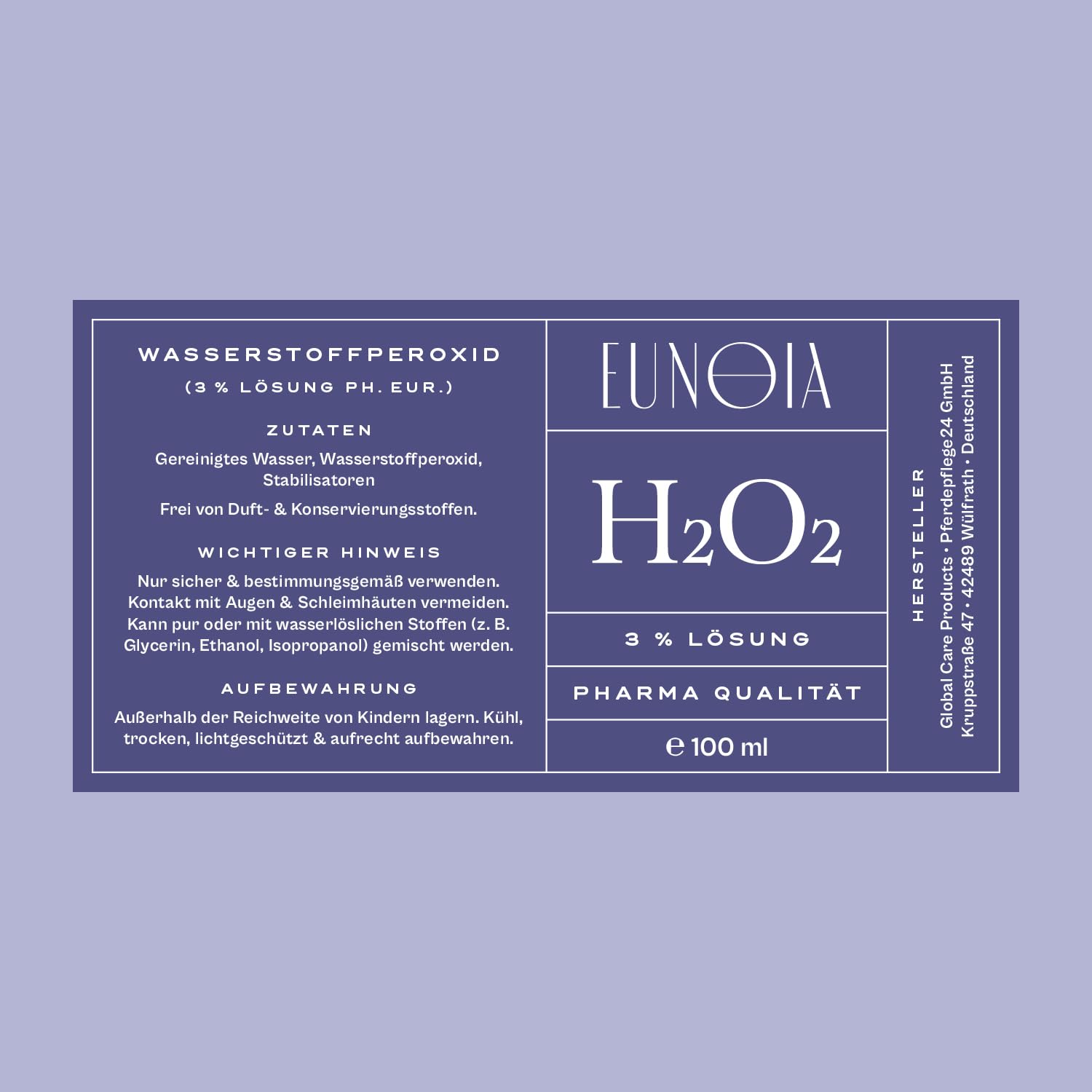 EUNOIA® Wasserstoffperoxid 3% 100ml mit Pipette - hohe Reinheit - Lebensmittelqualität - H2O2 / Hydrogen Peroxide in Deutschland hergestellt